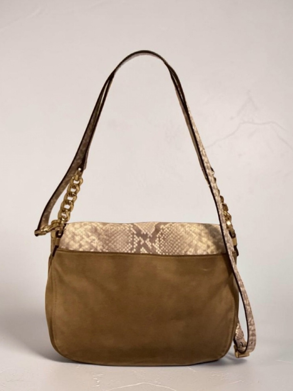 Michael Kors Bedford Taupe Snake-Print and Suede Shoulder Crossbody EUC - Picture 3 of 9